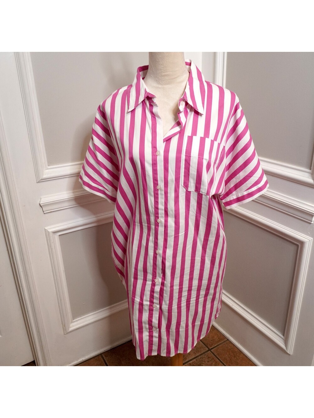 a.new day Pink and White Striped Button-Up Shirt Dress Medium